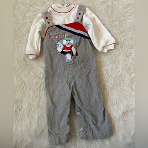 Vintage Gray Kids Corduroy Overalls with Workout Bear Design